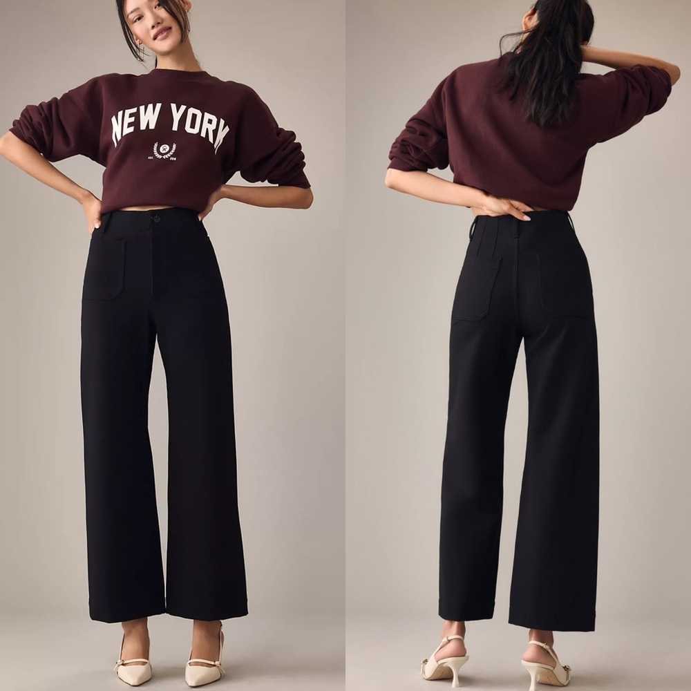 ANTHROPOLOGIE Maeve The Colette Black Linen Wide Leg Crop Pants Trousers - Picture 1 of 11